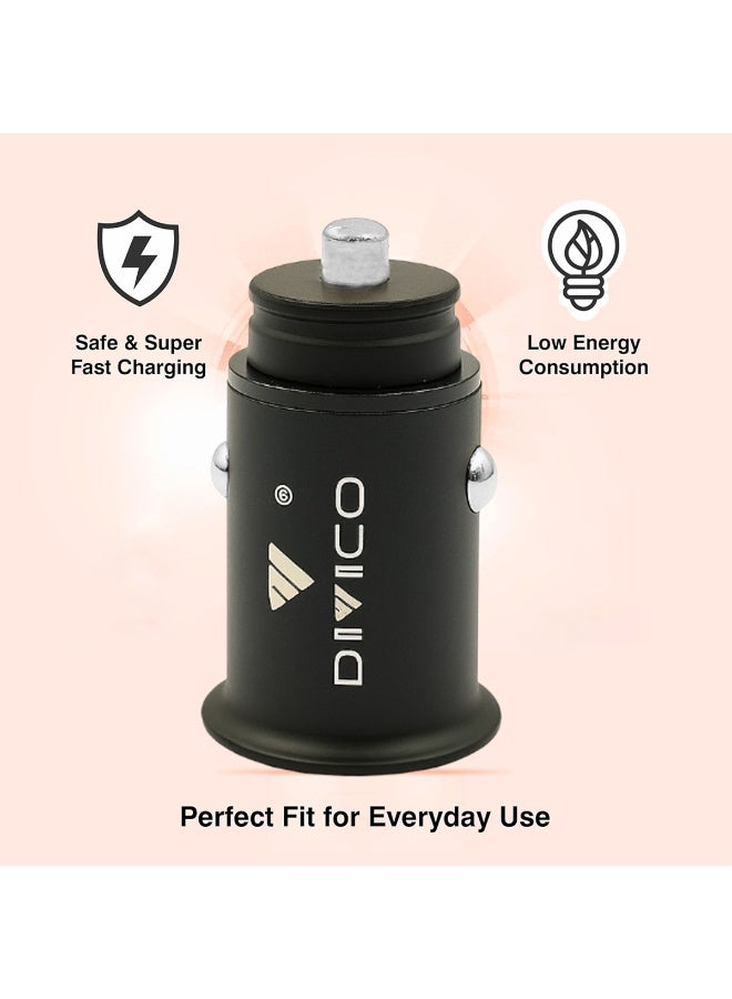 DIVICO A3004 Car Charger 12V–24V Input, Dual USB Fast Charging Output, Zinc Alloy Body, Compact 43.5 x 20.4 x 34.3mm, 31.5g Lightweight, Black - Image 3